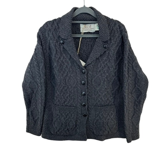 NWT Aran Sweater Womens Medium Charcoal 100% Merino Wool Cable Knit Cardigan